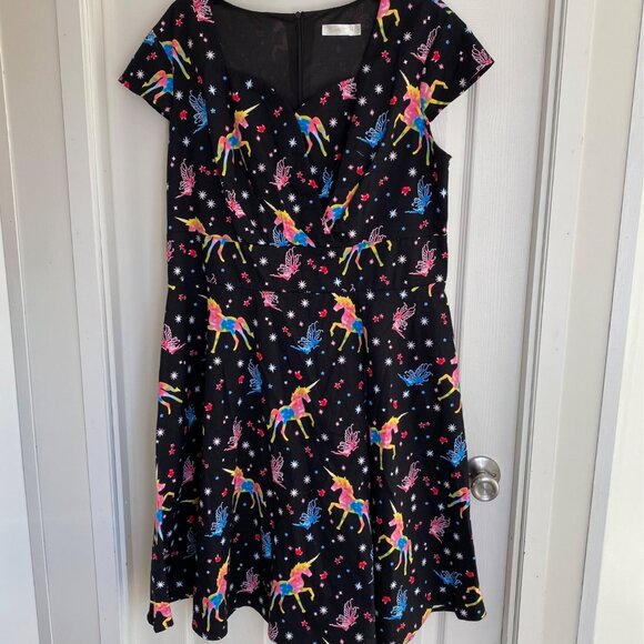 Rainbow Unicorn Print Black Dress With Cap Sleeves & V-Neck size 3X - Picture 1 of 8